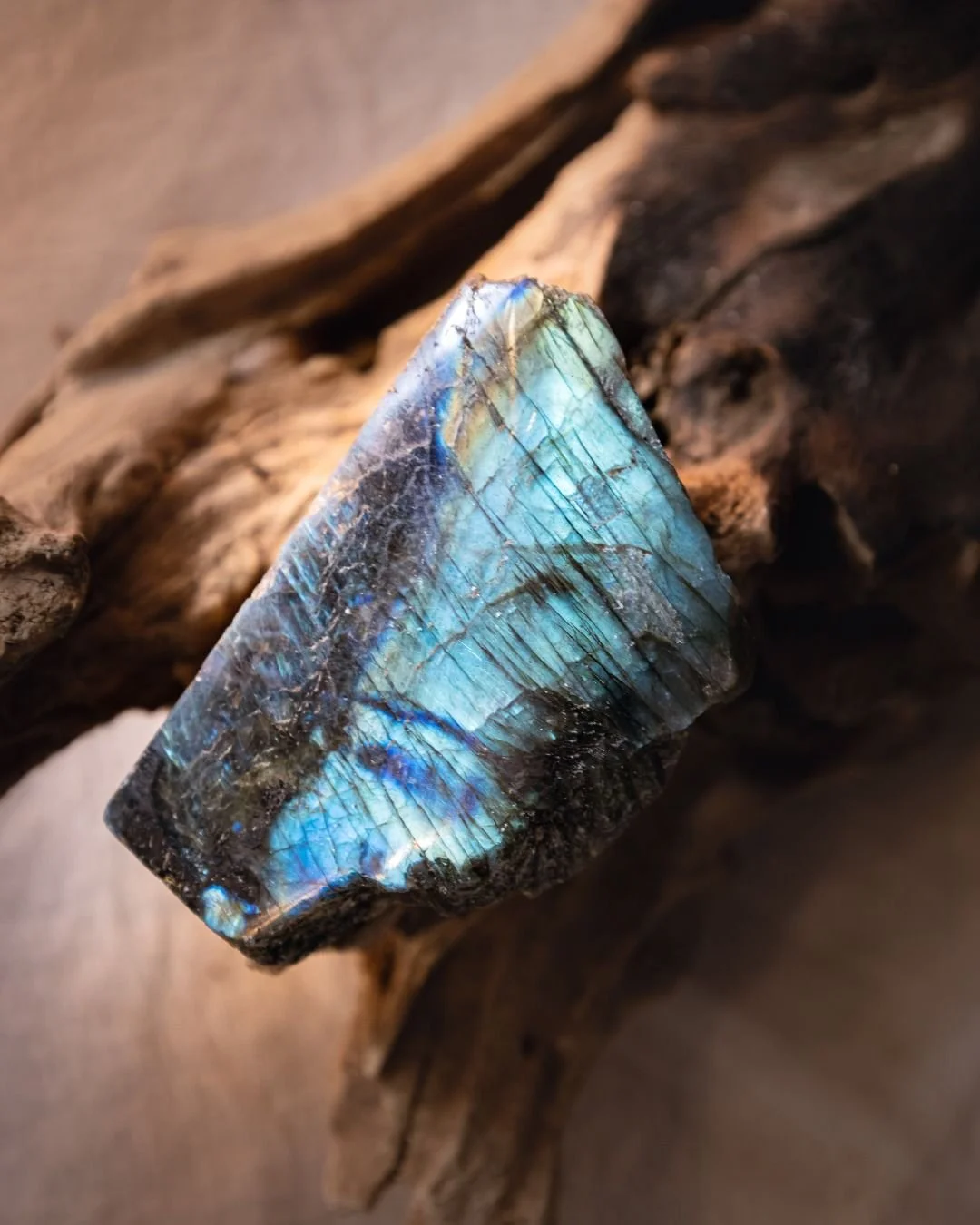 Gros plan d'une pierre de labradorite aux couleurs irisées, reposant sur du bois.