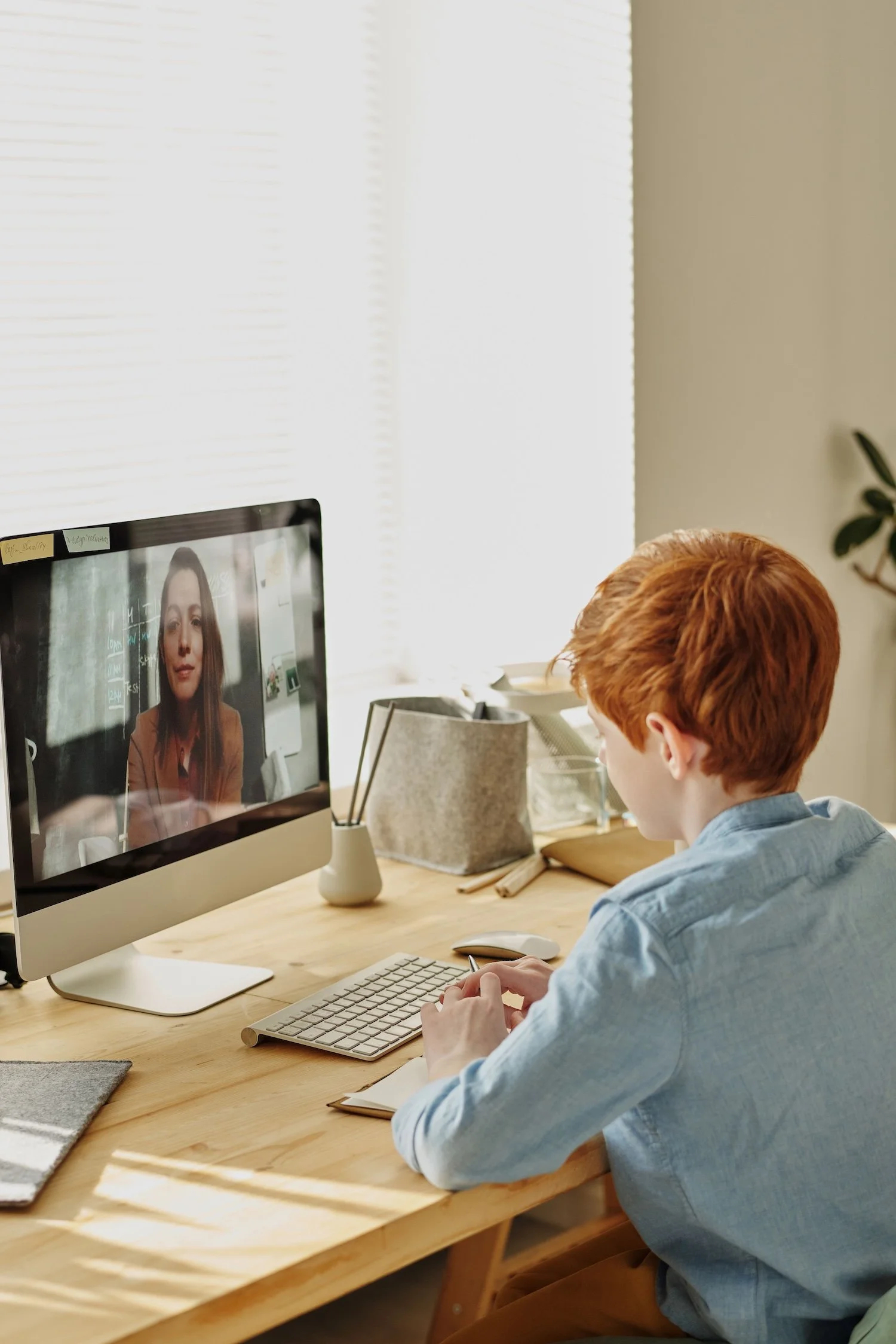 A person with red hair sitting at a wooden desk in front of an Apple iMac computer, participating in a video call with a woman on the screen in an bright, natural light room with a plant in the background.