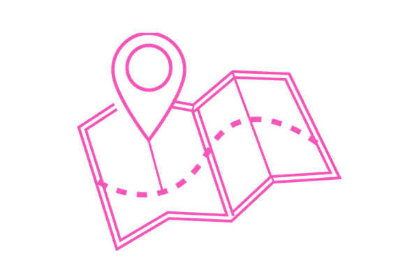 Pink neon-style map with a location pin and a dotted path line.