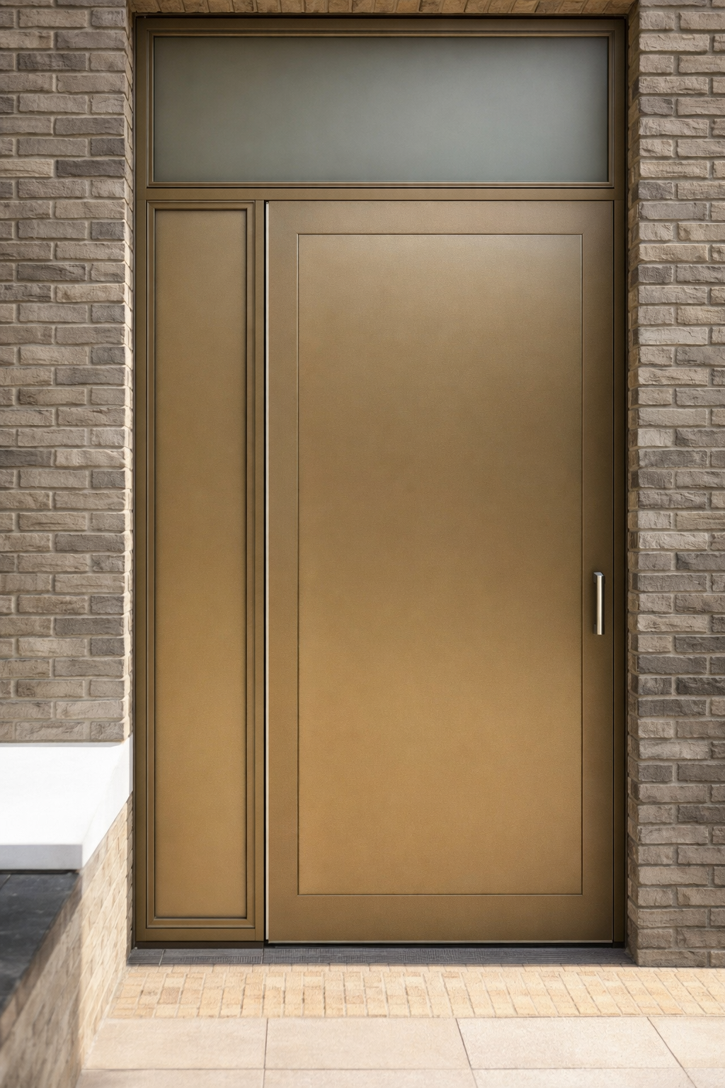 A modern, gold-colored metal door set in brick wall with a handle on the right side and a frosted glass transom window above.