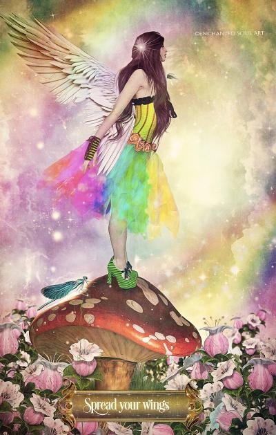 A woman with rainbow-colored hair, rainbow dress, and angel wings standing on a large mushroom surrounded by pink flowers, with a colorful, dreamy background.