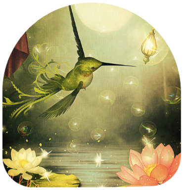 A cartoon hummingbird with glowing effects flying over water with lilies and glowing lights in the background.