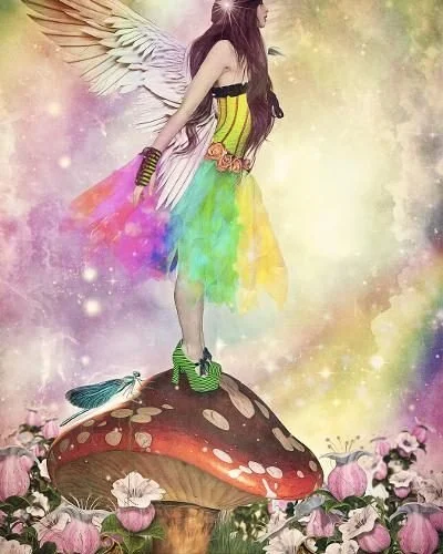 A woman with large angel wings standing on a giant mushroom in a colorful fantasy forest.