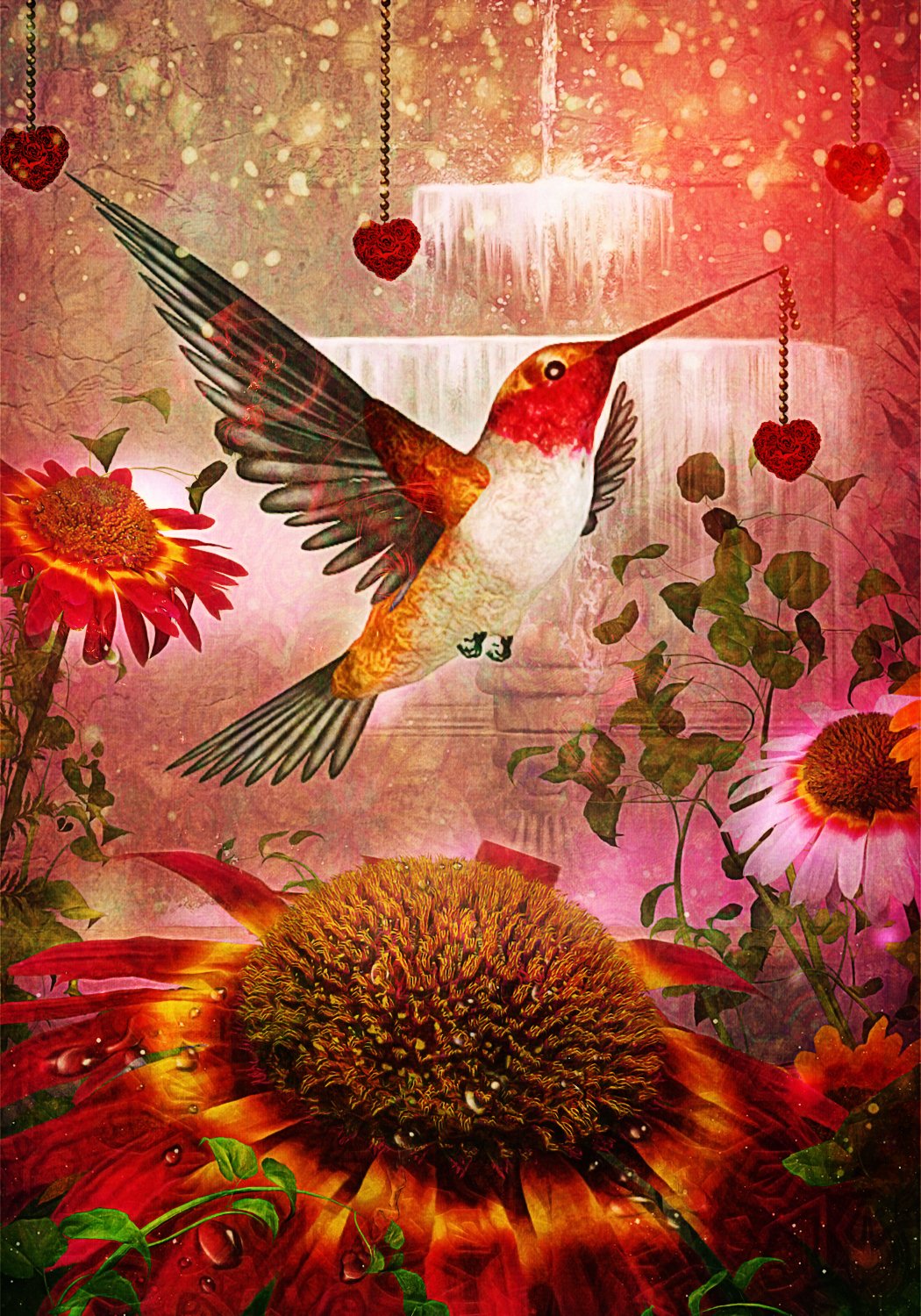 A hummingbird flying in a garden with large flowers and leaves, with a warm, glowing background and floating heart-shaped ornaments.