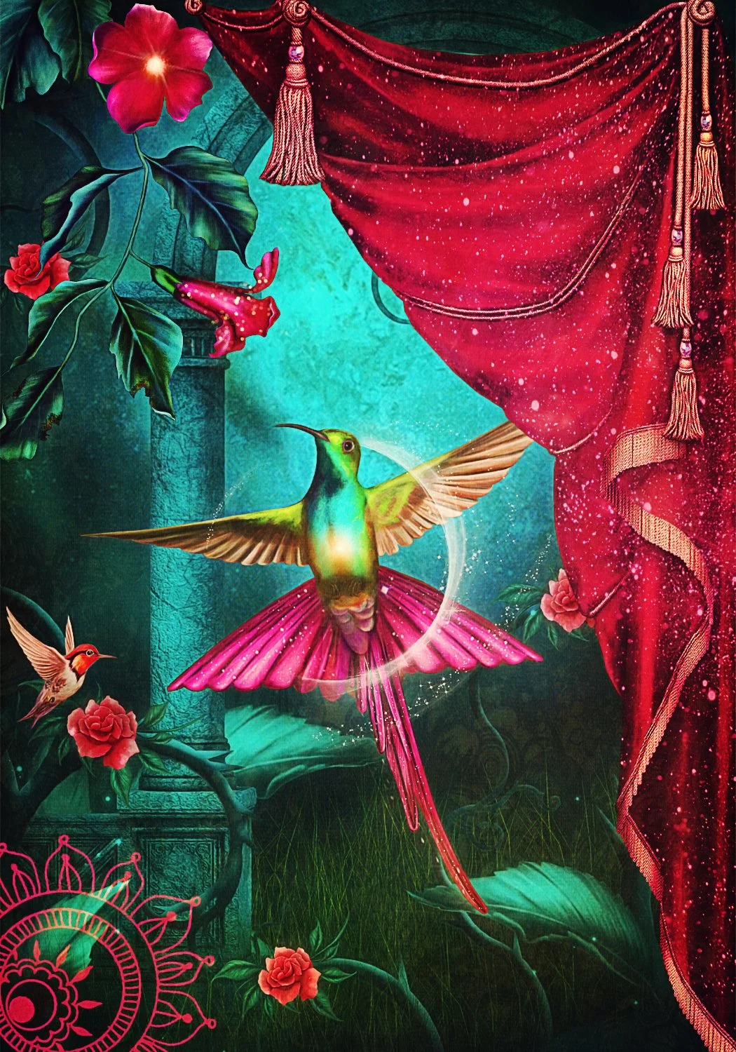 A colorful digital illustration of hummingbirds flying around a lush garden scene, with a backdrop of a stone column, pink roses, and a red velvet curtain with gold tassels