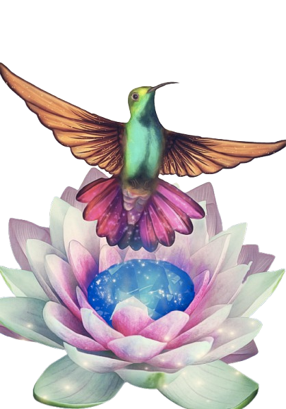 A hummingbird hovering above a glowing blue gemstone on a pink and white lotus flower.