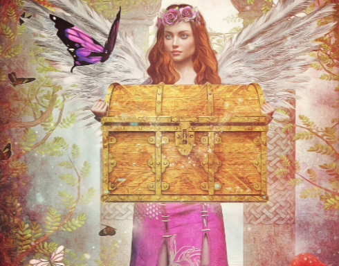 A woman with red hair, a flower crown, and fairy wings holding a large wooden treasure chest, with a fantasy forest background and butterflies flying around.
