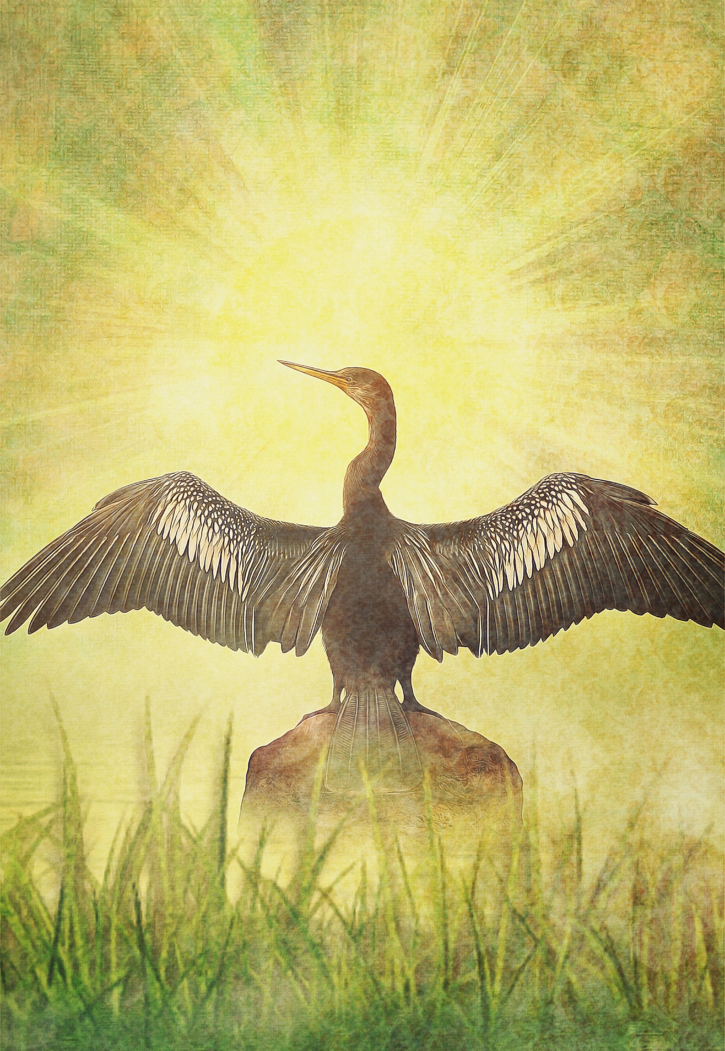 A bird with outstretched wings perched on a rock in a grassy area with a yellow-green background.