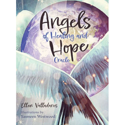 Book cover titled "Angels of Healing and Hope Oracle" by Ellen Valladres with illustrations by Yasmeen Westwood, featuring a globe with angel wings surrounding it.