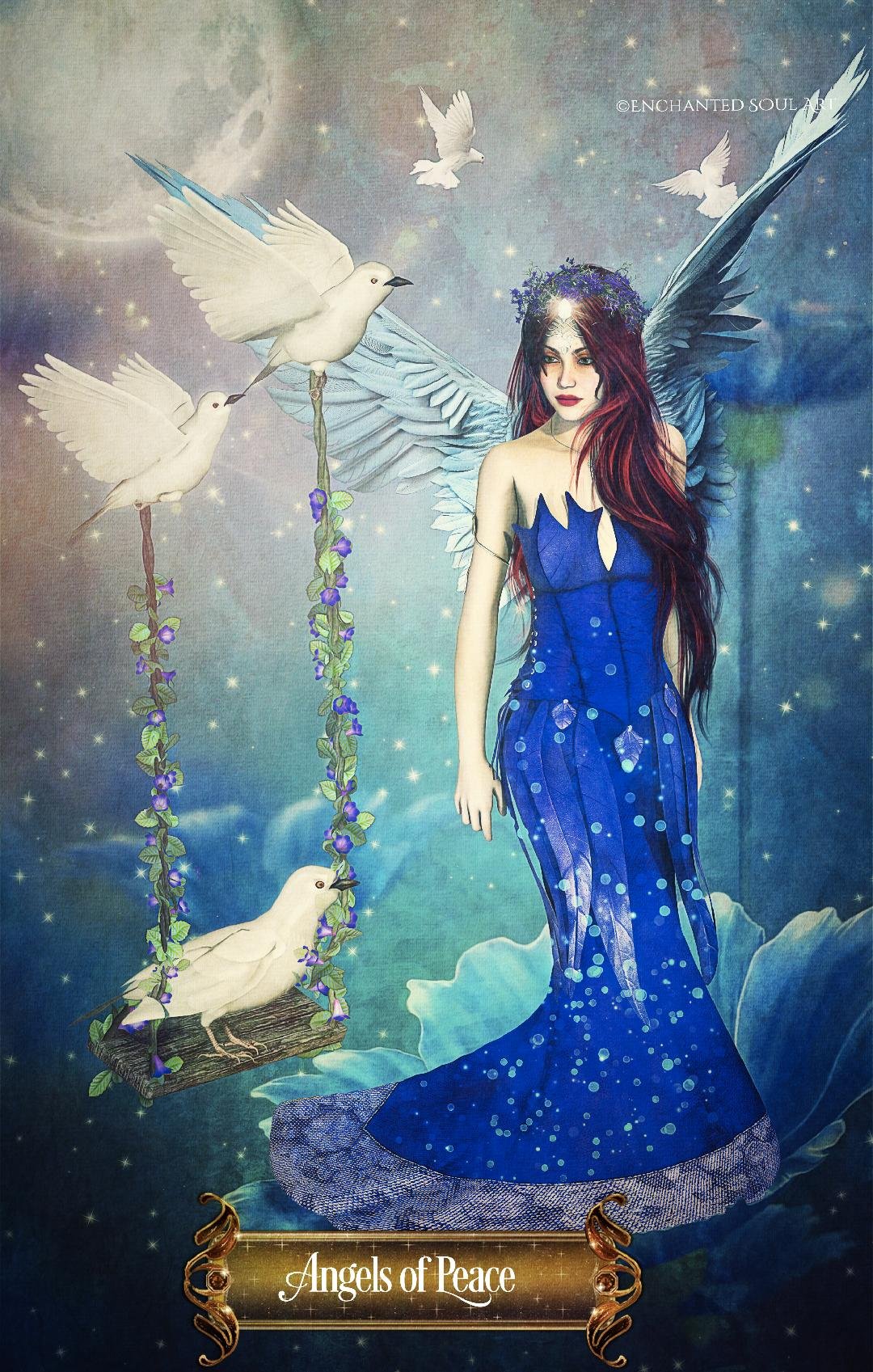 A fantasy illustration titled 'Angels of Peace' featuring a woman with large blue and white angel wings, long red hair, and a flowing blue dress. She stands on a cloud with white doves flying around her, some perched on a swing decorated with purple flowers. The background is a starry sky with a misty, ethereal atmosphere.