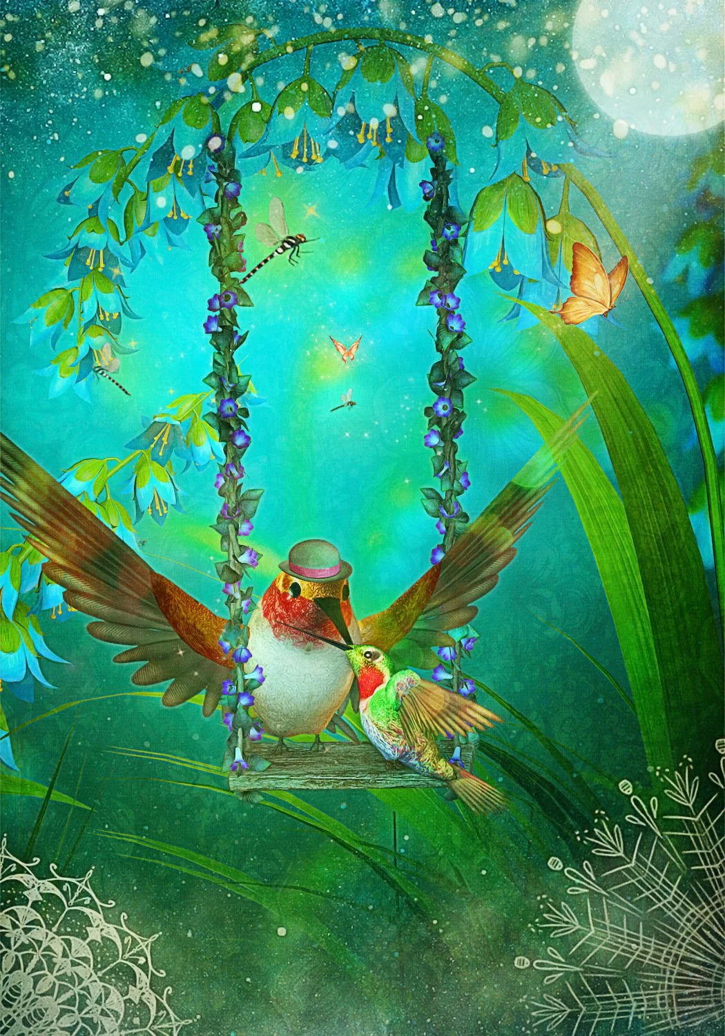 A colorful illustration of two hummingbirds on a branch in a lush, vibrant garden with flowers, butterflies, and a dragonfly, set against a mystical, starry background.