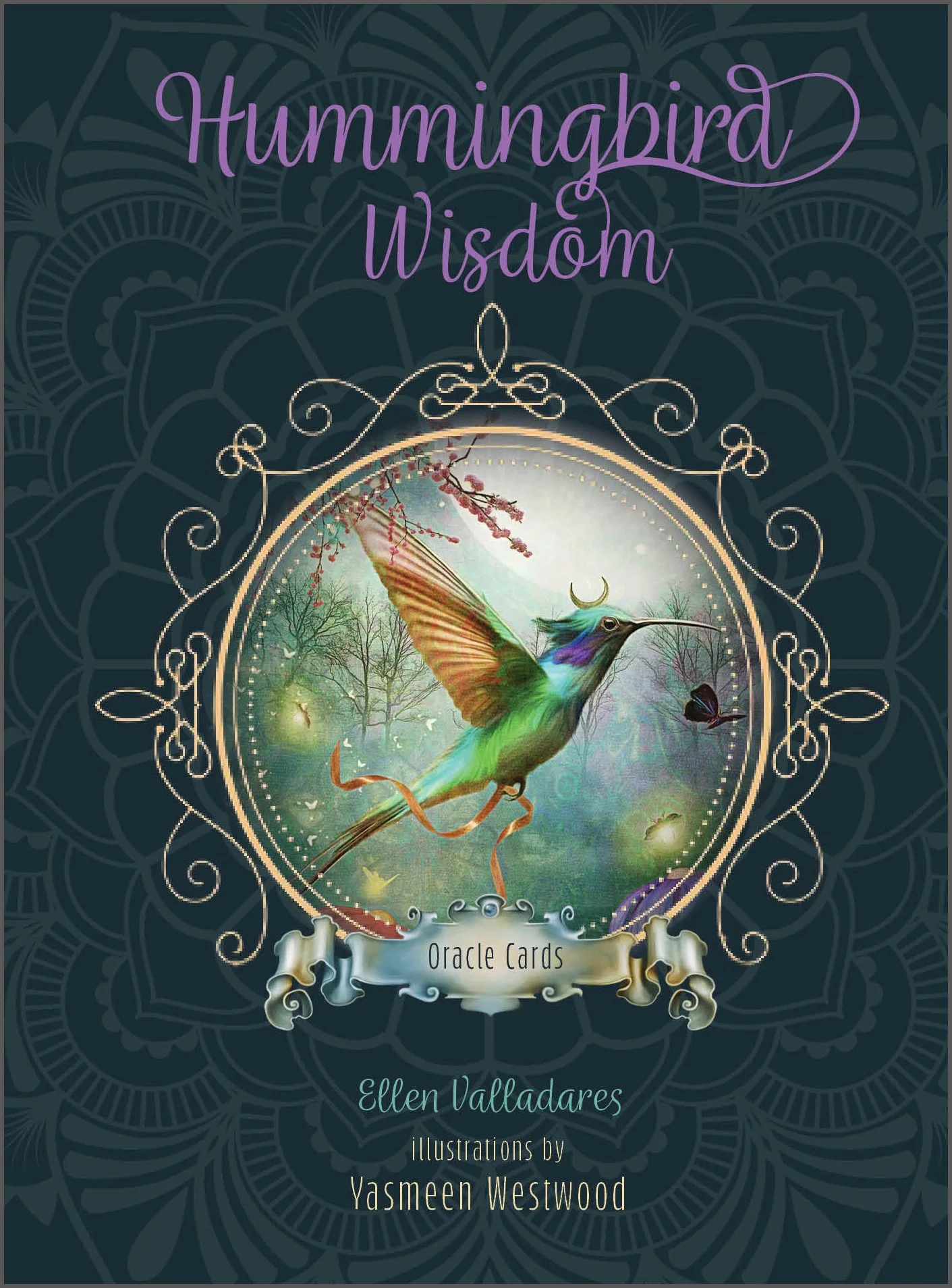 A book cover titled 'Hummingbird Wisdom' featuring an artistic illustration of a colorful hummingbird, a butterfly, trees, and mystical elements with decorative borders. The authors' names are Ellen Valladares and Yasmeen Westwood.