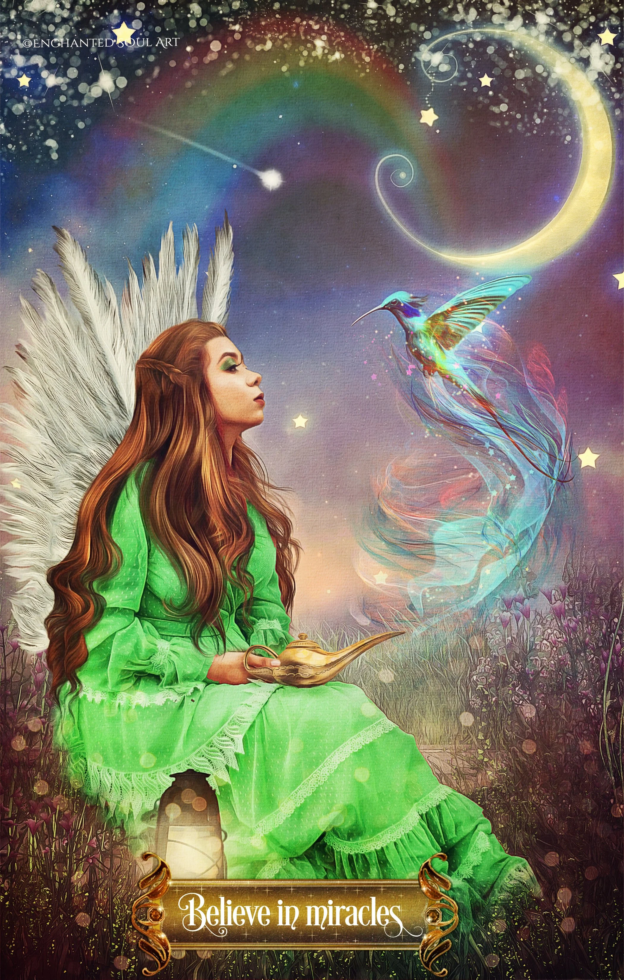 A fantasy artwork featuring a woman with long, flowing brown hair, wearing a bright green dress with lace details, sitting in a field of purple flowers. She has angel wings and is holding a golden lamp. The background depicts a night sky with stars, a rainbow, a crescent moon, and a colorful mystical bird flying through swirls of light. The phrase 'Believe in miracles' is written at the bottom.