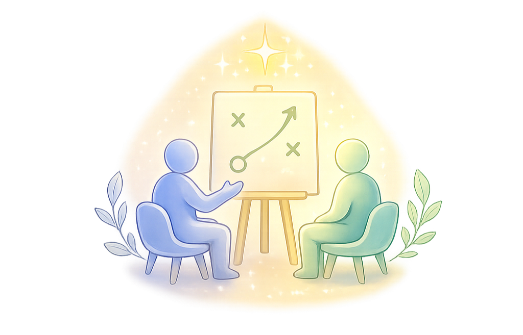 Two people sitting on chairs having a discussion with a presentation board showing a strategic plan or game tactic, surrounded by decorative leaves and glowing lights.