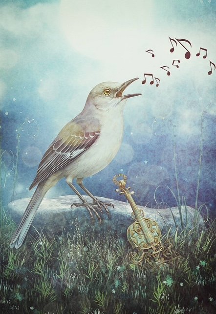 A bird singing with musical notes coming out of its open beak, standing on the ground next to a broken violin.