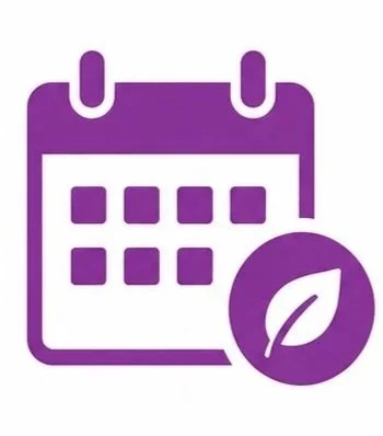 Purple calendar icon with a leaf symbol indicating an eco-friendly or environmentally conscious date or event.
