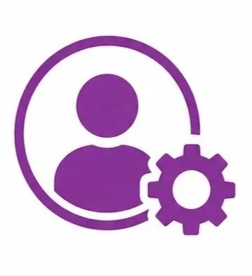 Purple icon of a person inside a circle with a gear symbol at the bottom right
