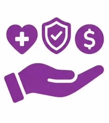 A purple icon of a hand supporting health, safety, and financial protection symbols, including a heart with a cross, a shield with a checkmark, and a dollar sign.
