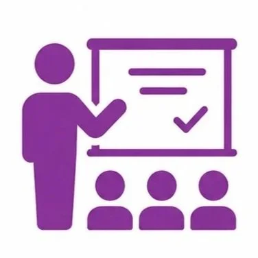 Icon of a person pointing at a presentation board with three seated audience members in front, all in purple.