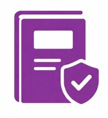 Purple icon of a document with a shield and checkmark, symbolizing security or verified information.