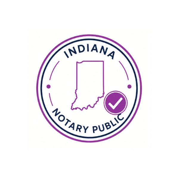 Logo for Indiana Notary Public with an outline of Indiana and a purple checkmark.