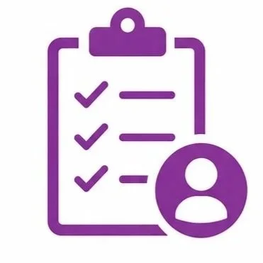 Purple checklist on clipboard with user profile icon.