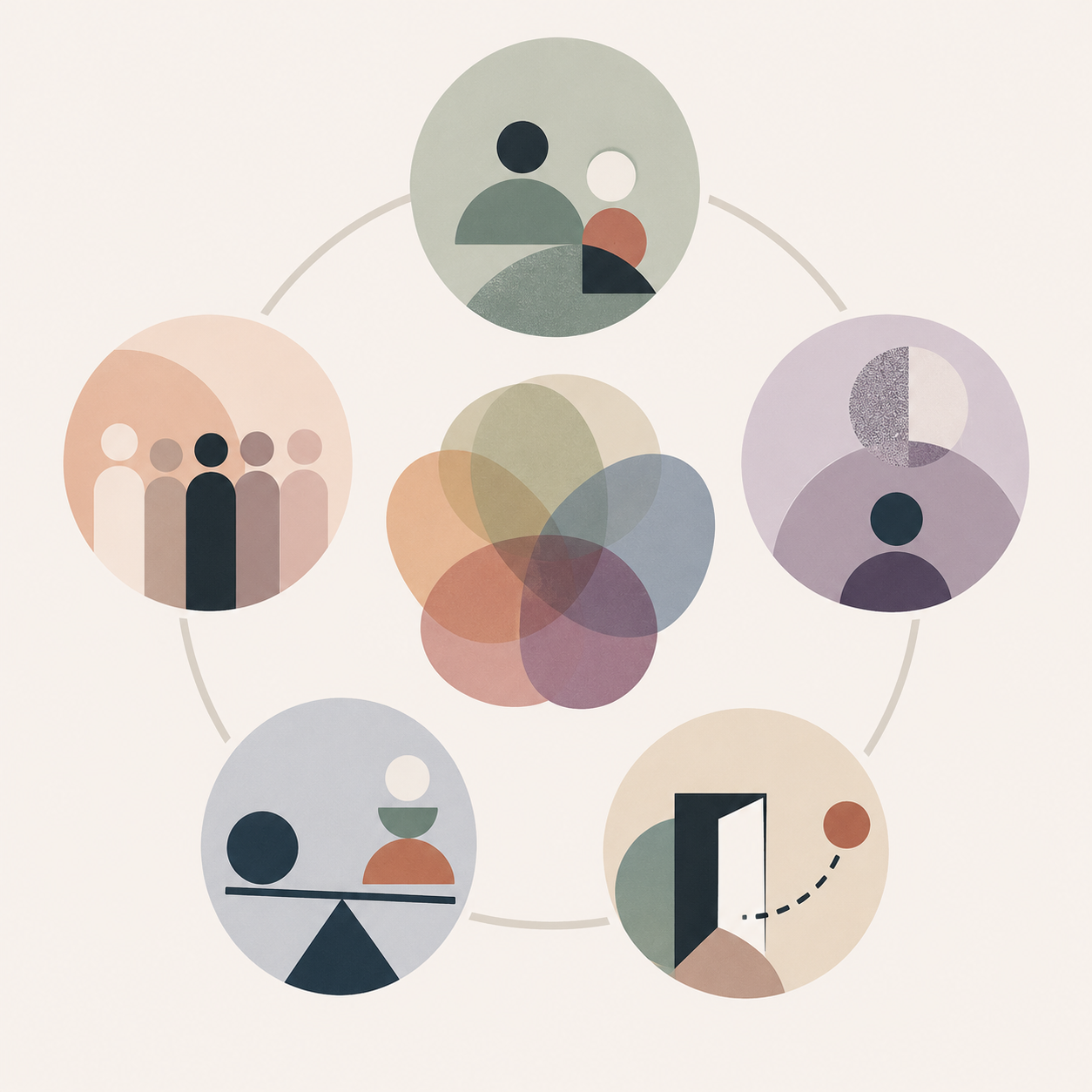 In der Mitte überlappen sich mehrere transparente Kreise, rundherum sind fünf minimalistische Symbole angeordnet: Gruppen von Menschen, eine einzelne Figur, eine Waage und eine offene Tür