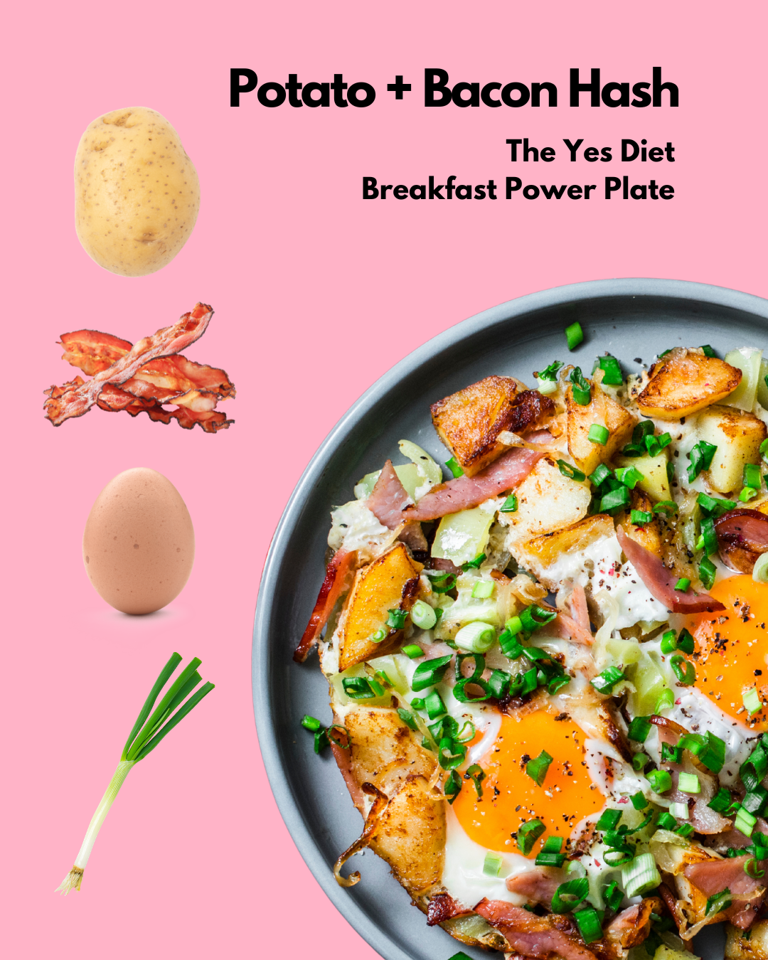 Plate of breakfast hash with potatoes, bacon, eggs, and green onions, featuring a pink background with potatoes, bacon, egg, and green onion images, and text that reads "Potato + Bacon Hash,