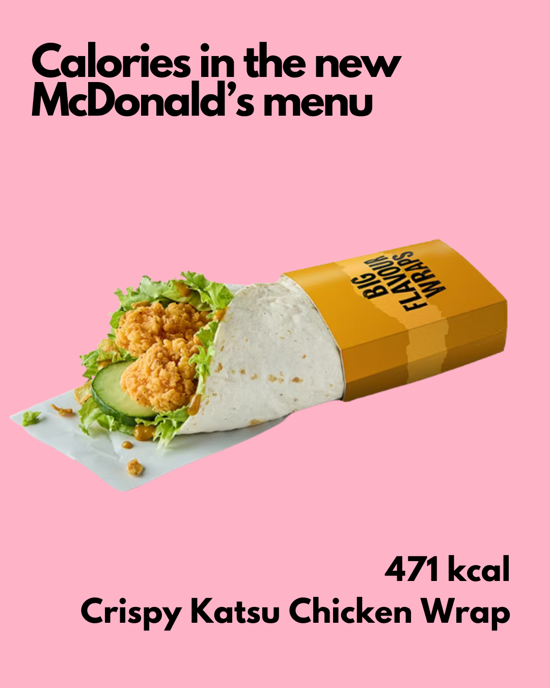 A crispy Katsu chicken wrap with lettuce, cucumber, and chicken, partially wrapped in a white tortilla and yellow paper labeled "BIG FLAVOR S WARNING" on a pink background, highlighting 471 calories.
