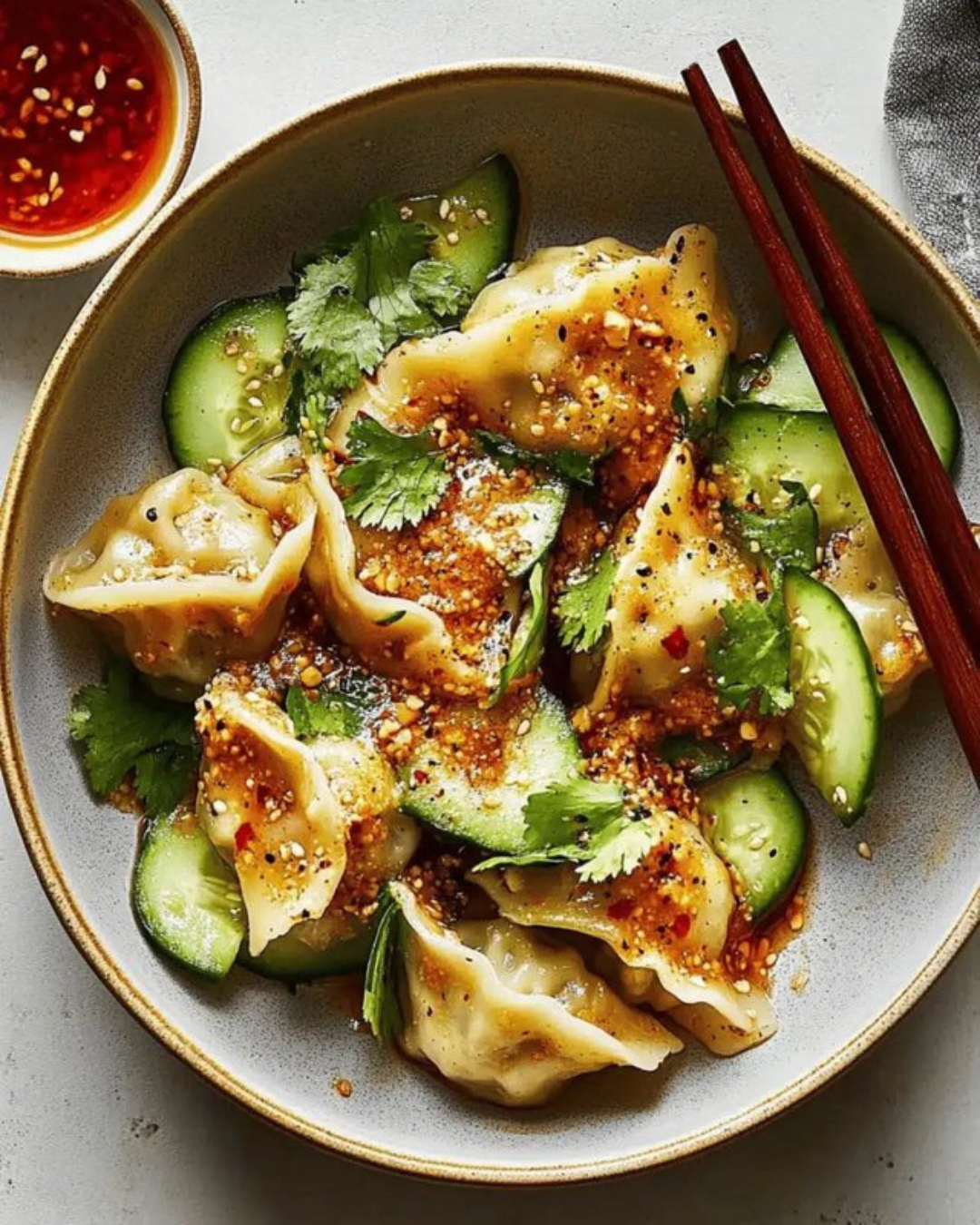 A bowl of Asian dumplings garnished with cilantro and cucumber slices, topped with chili flakes and sesame seeds, with a side of dipping sauce.