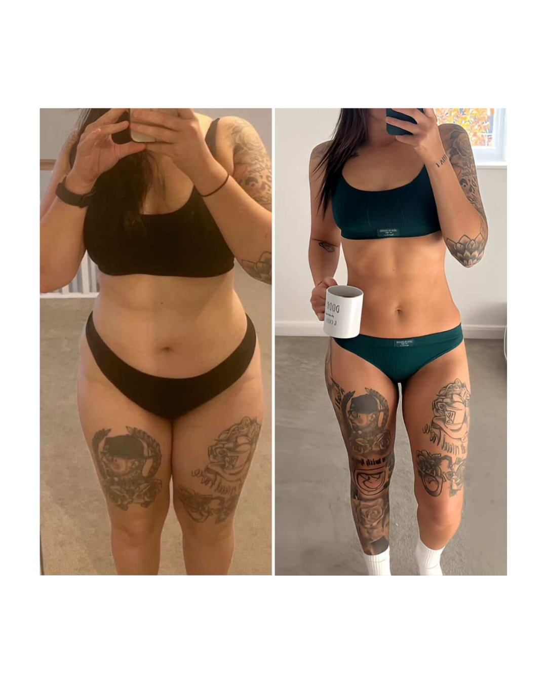 Side-by-side before and after photos of a woman showing weight loss progress using the yes method