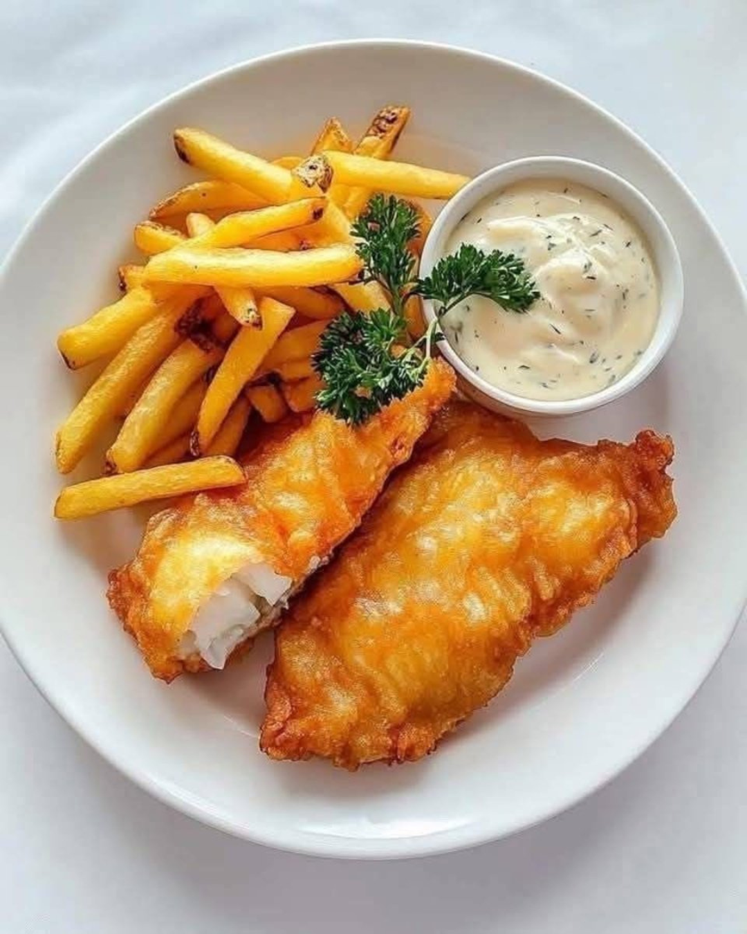 Fried fish fillets with French fries and tartar sauce on a white plate