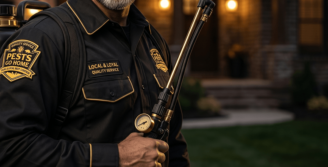 A pest control technician in uniform holding a sprayer, standing outside a house at dusk.