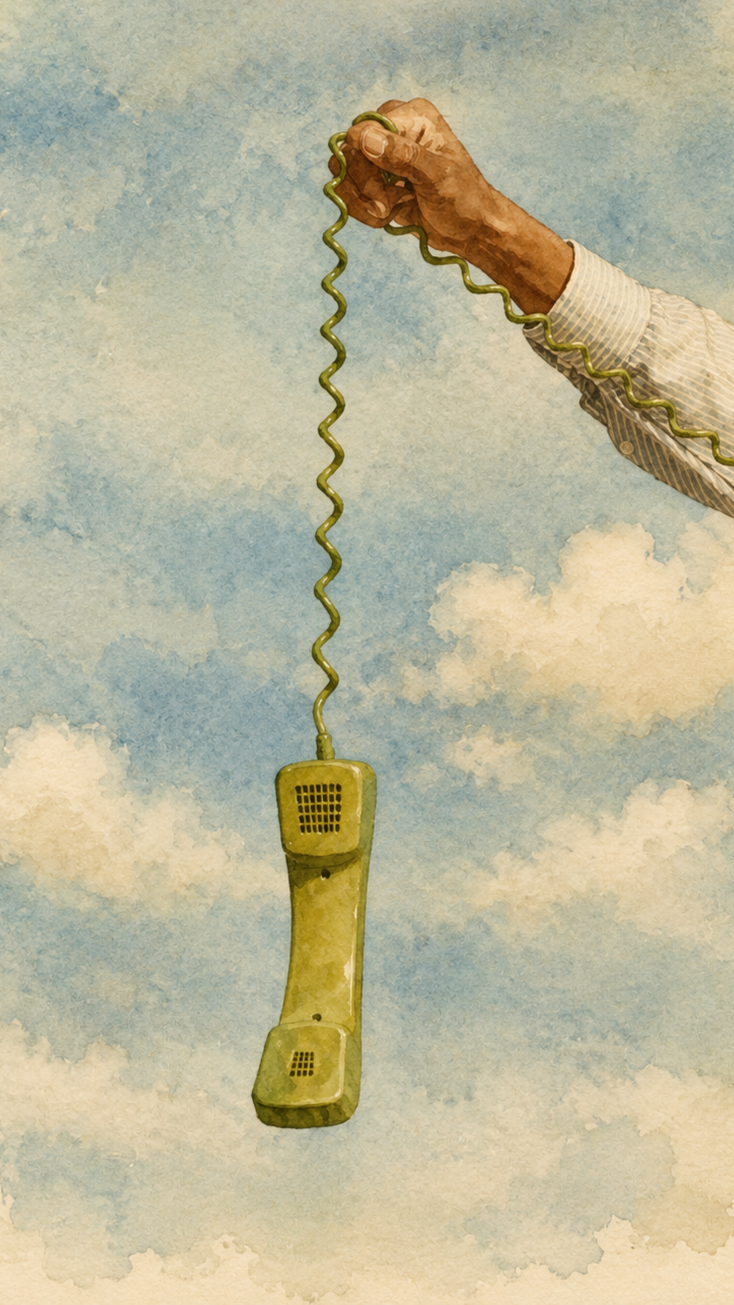 Water Color - Maison Madison - Estate Management - A person holding an old, tan landline phone receiver with a green coiled cord against a cloudy sky background.