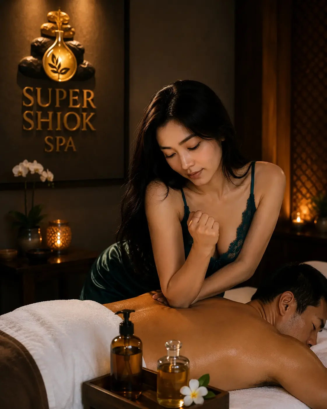 Professional female therapist performing a deep tissue massage using gentle elbow pressure on a male client's upper back at Super Shiok Spa in Batam.