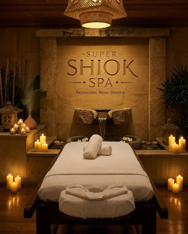 A massage table in a spa room with rolled towels, surrounded by candles and decorative elements, with a stone wall featuring a fountain and the sign 'Super Shiok Spa' and the slogan 'Rejuvenate. Relax. Breathe.'