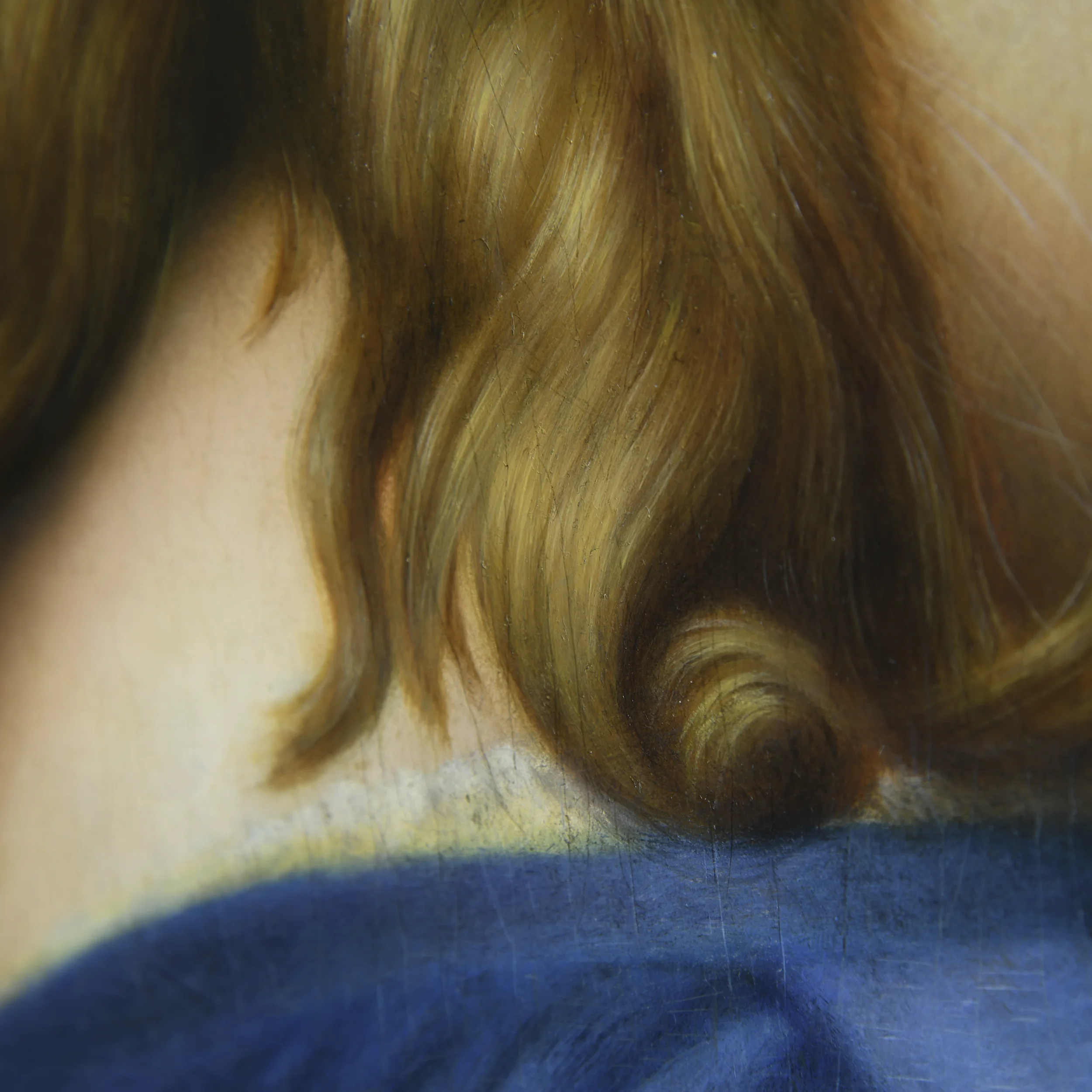 Detail of an oil painting copy of Portrait of Bindo Altoviti after Raphael by Anna Sumislawska, showing the neck and hair with carefully painted faux craquelure to simulate the appearance of an aged Renaissance painting.