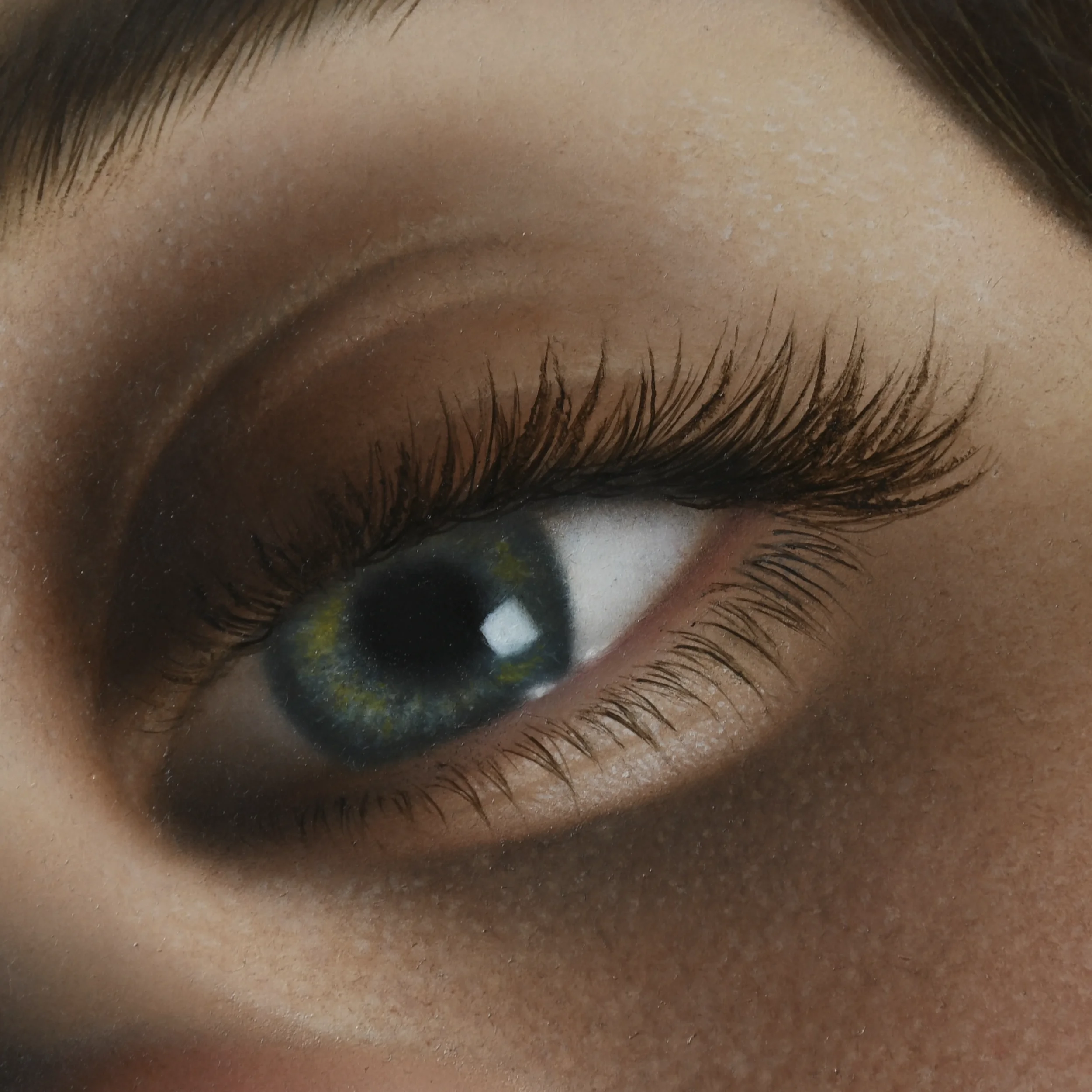 Hyperrealist figurative oil painting self-portrait by Anna Sumislawska, showing a close-up of a closed eye with long eyelashes and detailed skin texture. Realism and superrealism style. 