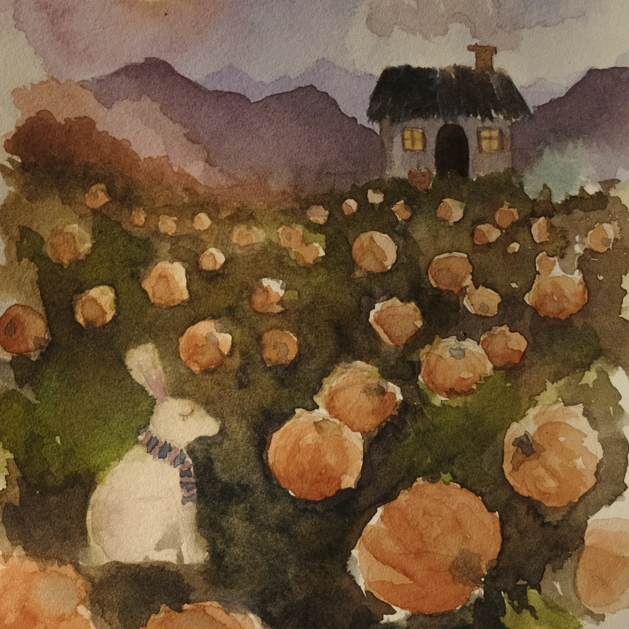 Watercolour painting of a countryside landscape with mountains, a small house with a thatched roof, and a field of pumpkins, featuring the rabbit Kornelius in the foreground. A cozy autumn scene.