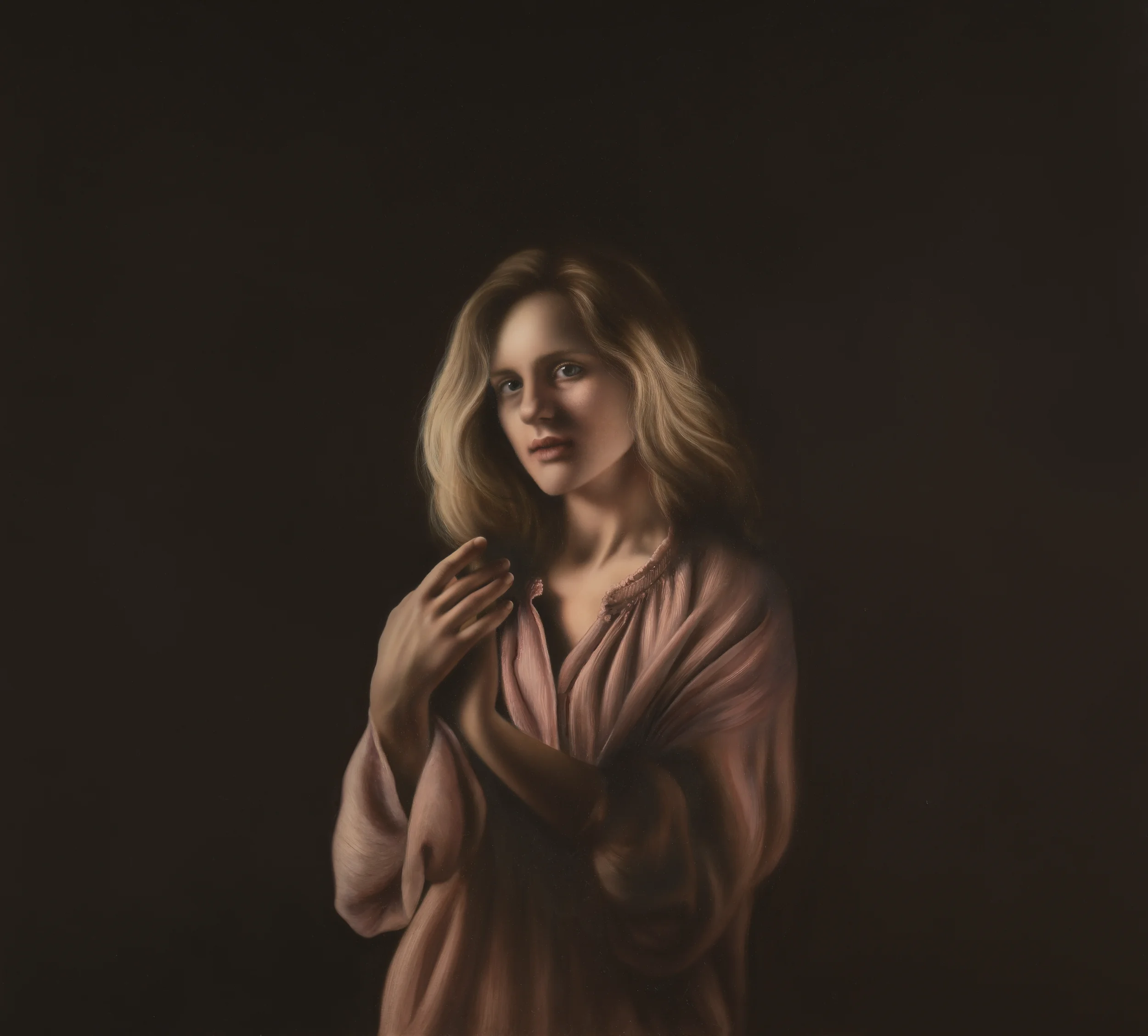 Hyperrealist figurative oil painting portrait by Anna Sumislawska, depicting a young woman wearing a pink silk robe with a deep neckline, set against a dark background in realism and hyperrealism style. 