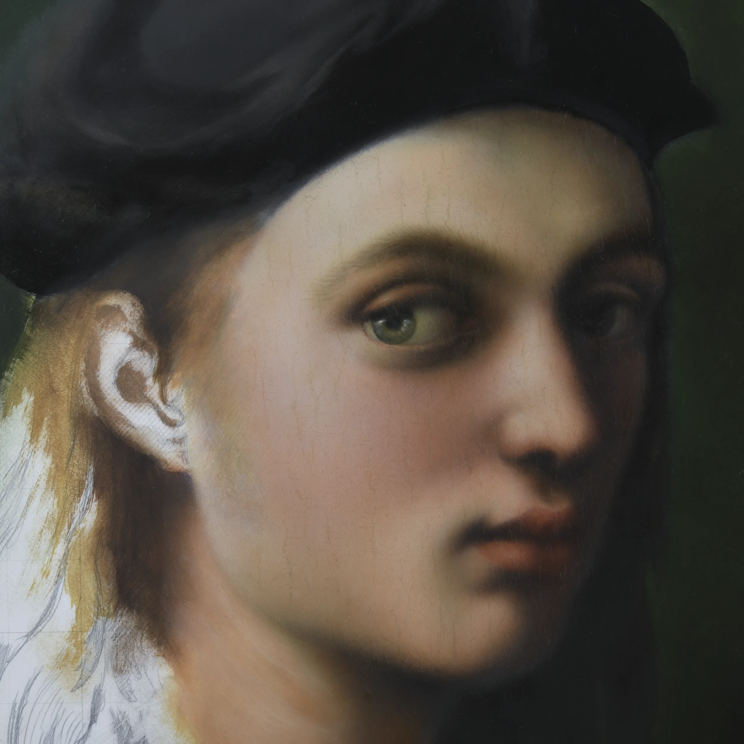 Work in progress oil painting detail of Portrait of Bindo Altoviti after Raphael by Anna Sumislawska, showing a close-up of the eye, eyebrow, and surrounding facial features.
