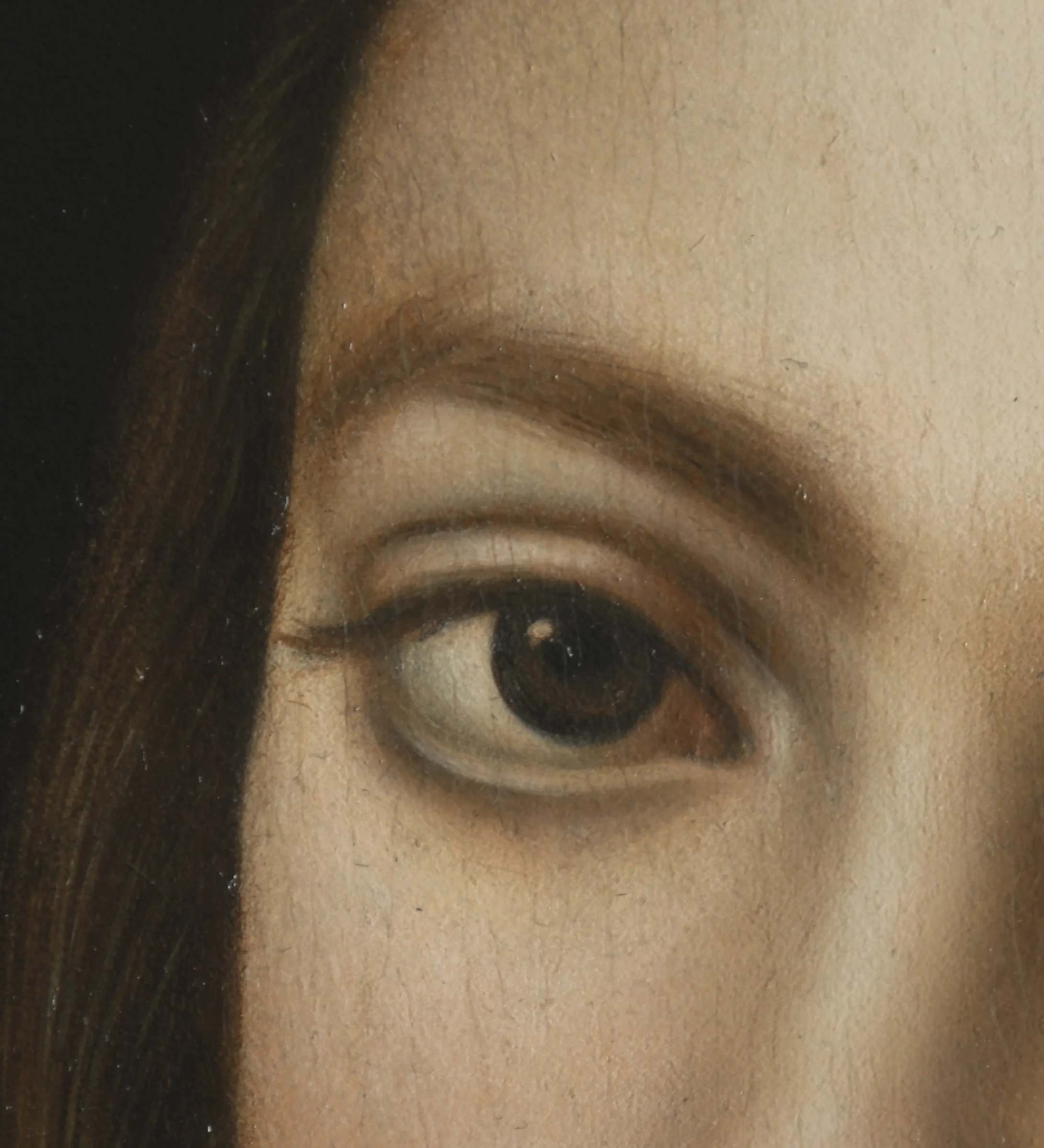 Close-up detail of an oil painting copy portrait after Perugino by Anna Sumislawska, showing a painted eye with realistic craquelure effects added to simulate aged Renaissance painting.