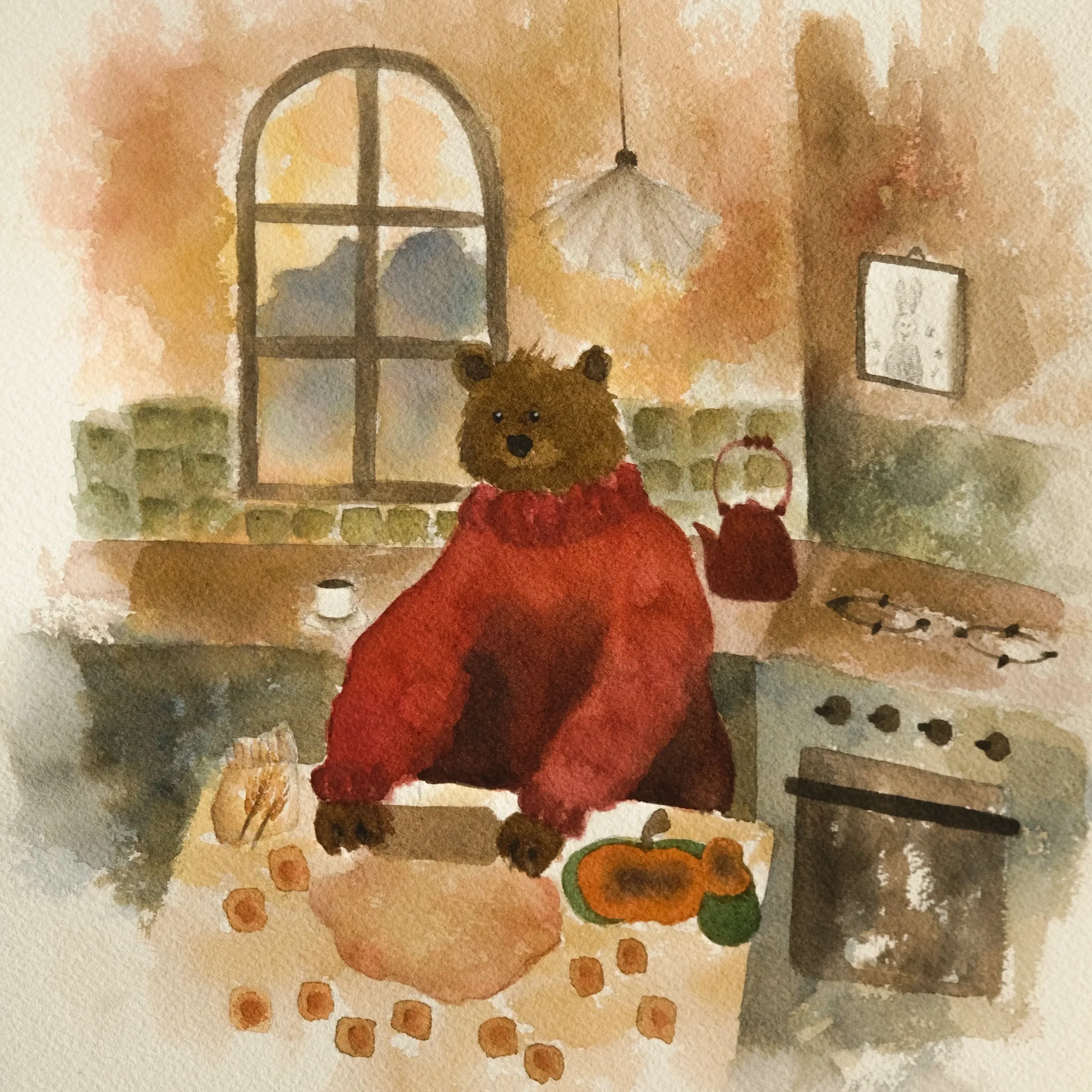 Watercolour painting of a cozy interior room with a large arched window, where the bear Torsolo is preparing pumpkin ravioli. The scene includes warm lighting, a hanging light fixture, and a picture on the wall.