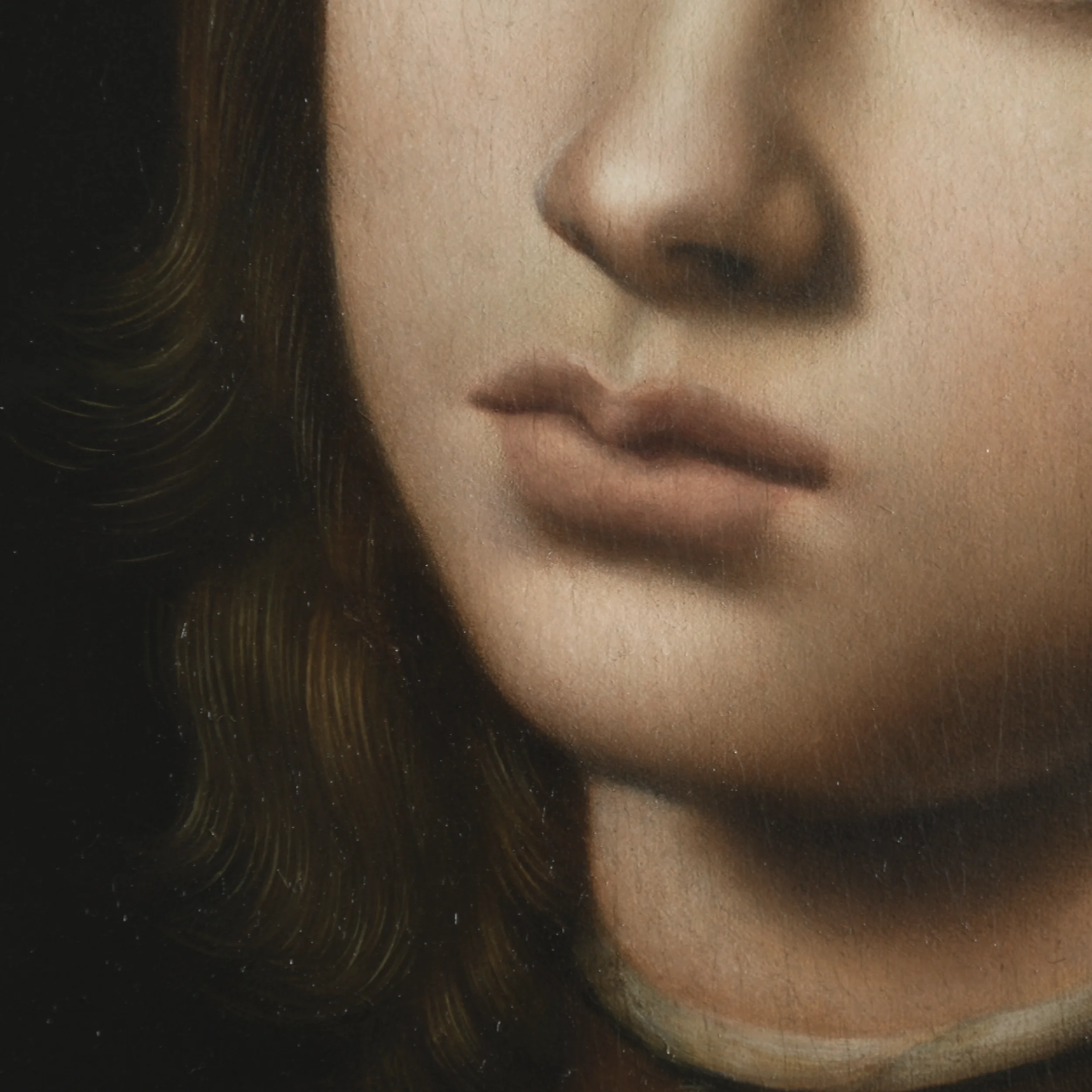 Close-up detail of an oil painting copy portrait after Perugino by Anna Sumislawska, showing the nose and lips with dark brown hair partially visible, including subtle faux craquelure effects to imitate aged Renaissance painting. 