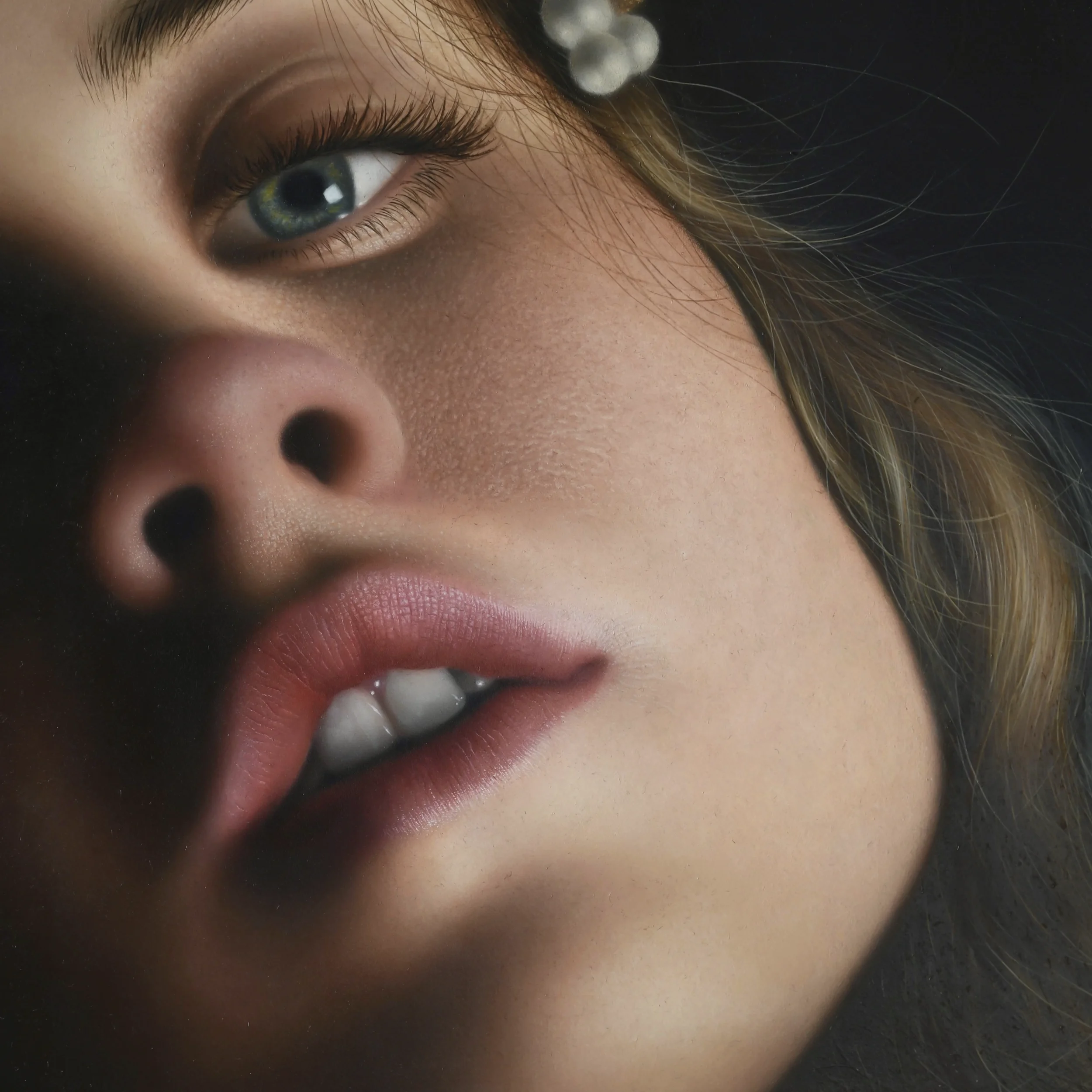 Close-up detail of a hyperrealist figurative oil painting (self-portrait) by Anna Sumislawska, showing part of the face including one eye, long eyelashes, the nose, and lips, with highly detailed skin texture. Realism and superrealism. 