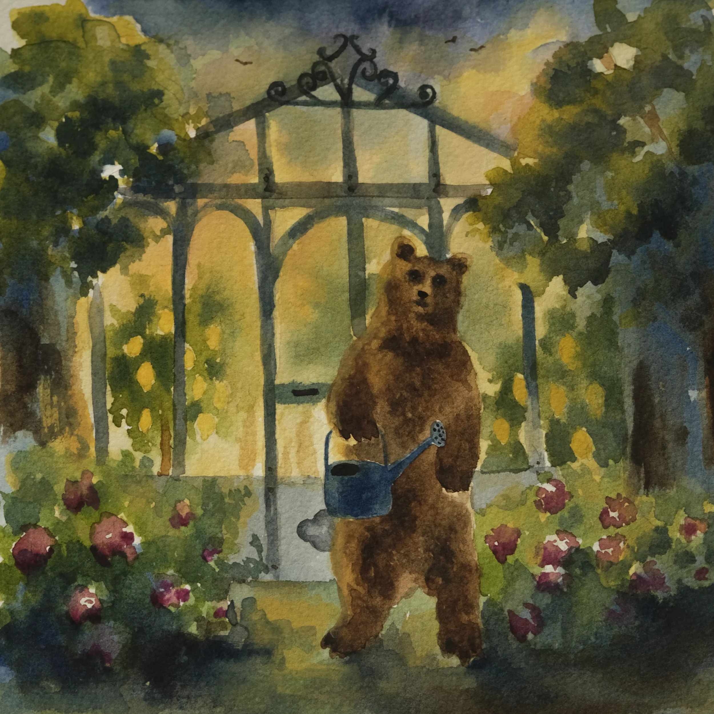 Watercolour painting of the bear Torsolo (holding a watering can) in front of a greenhouse with lemon trees inside. The colour palette features blue, yellow, and earthy brown tones.