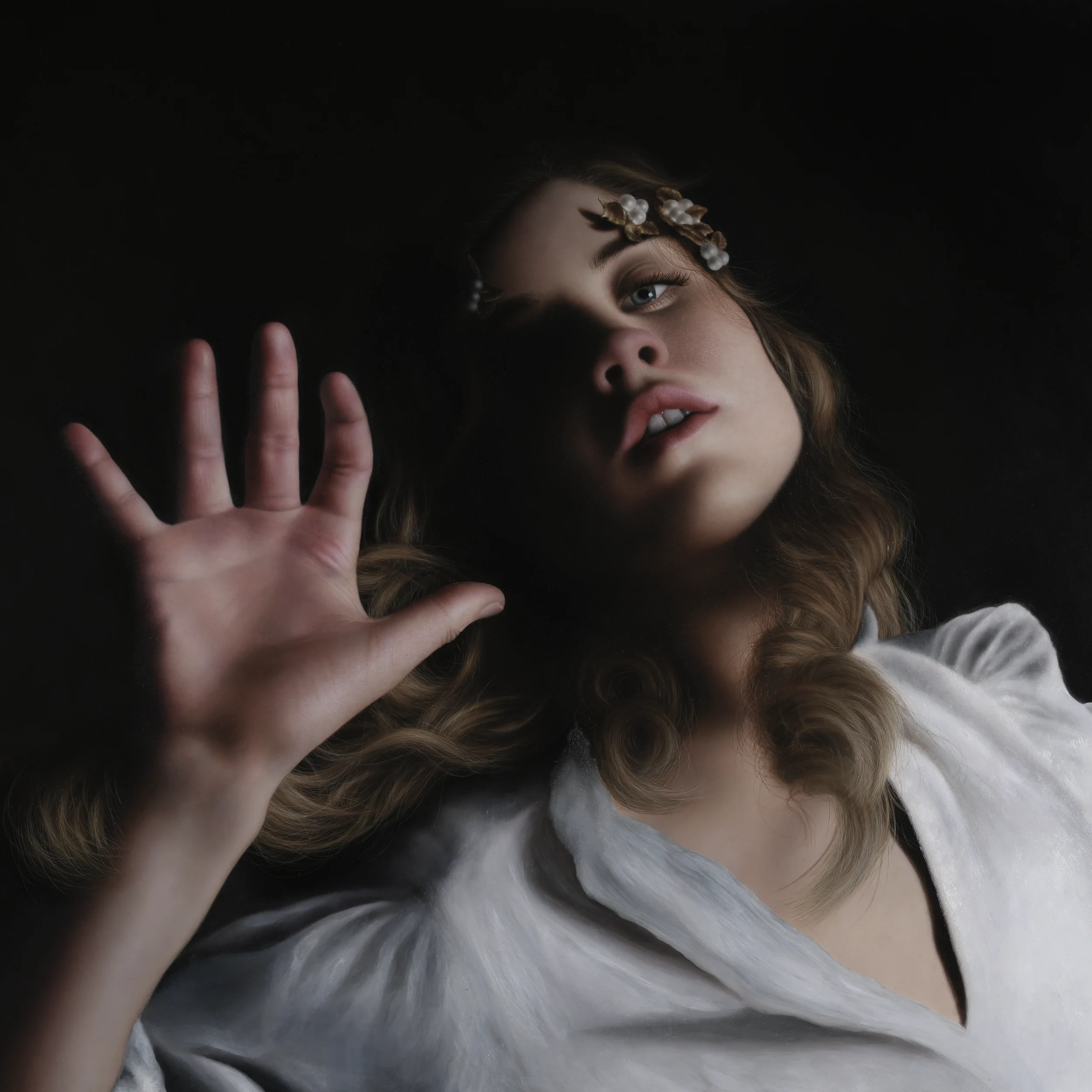 Hyperrealist figurative oil painting by Anna Sumislawska, showing a woman with blue eyes and curly hair wearing a floral headpiece with gold leaves and pearls, raising her hand towards the viewer against a dark background. Realism. Superrealism. 