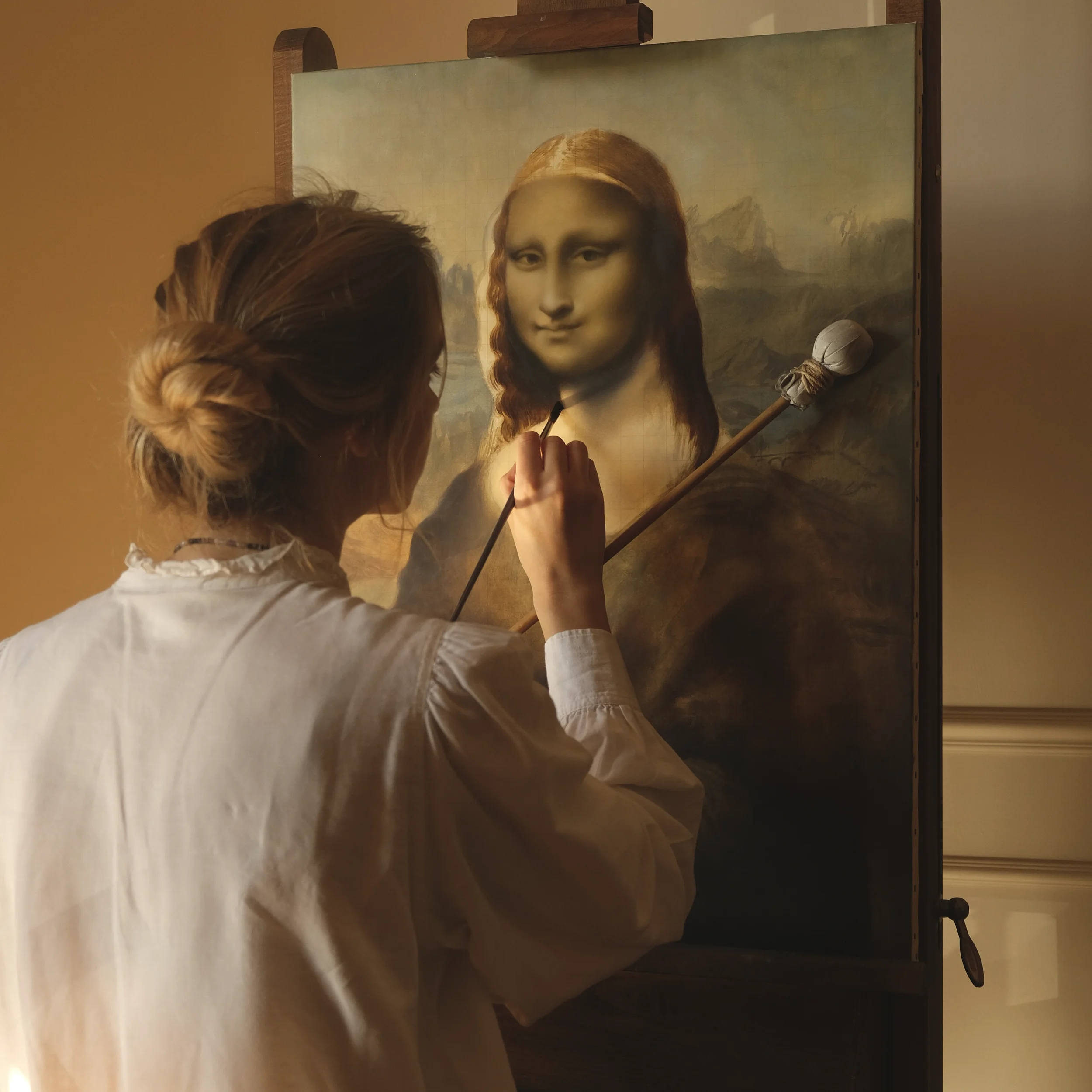 Artist Anna Sumislawska, seen from behind with a messy bun and an antique-style white shirt, working on a copy of Leonardo da Vinci’s Mona Lisa on a wooden easel. The painting was created with oil paints on canvas using cruelty-free, vegan brushes.