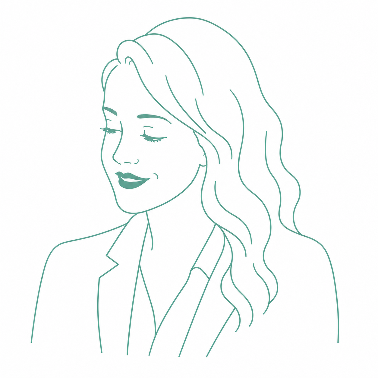 Dessin minimaliste d'une femme avec les yeux fermés, souriant légèrement, avec de longs cheveux ondulés et portant un blazer.