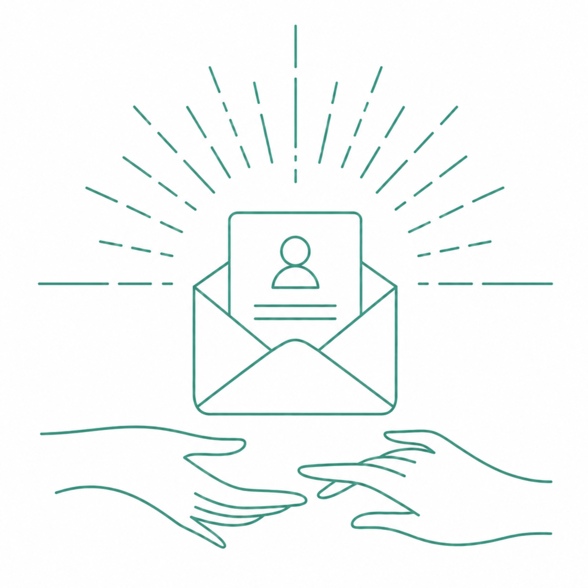 Illustration minimaliste représentant un échange d'informations Personne dans une enveloppe ouverte, émettant des lignes de rayonnement, avec deux mains se tendant pour échanger.